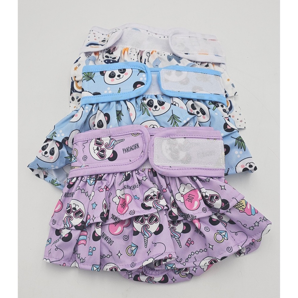 3 Pack Reusable Female Dog Diapers Ruffle Skirt Panda Prints Size Medium